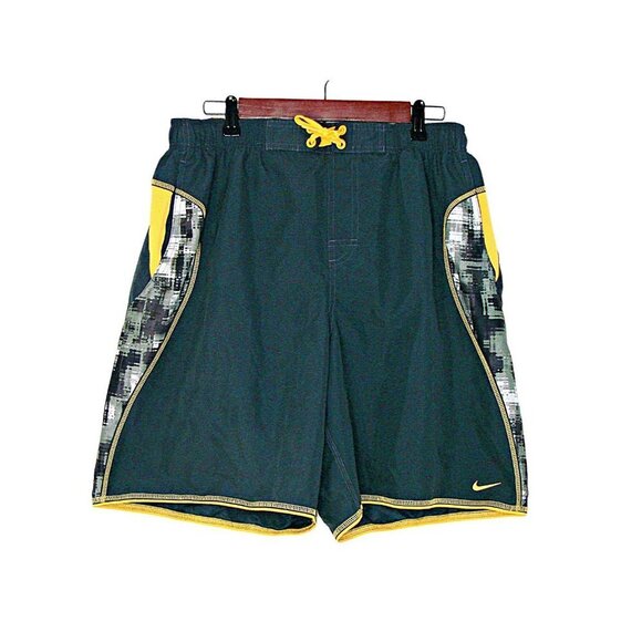 Nike Mens Drawstring Lined Swim Trunks Board Shorts Black Gray Yellow Size XL - Picture 1 of 12